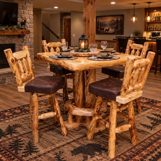 Natural Wood Pub Tables: Some lifestyle images are created with AI for visualization purposes. Crafted from natural solid wood, each piece is unique and will vary.