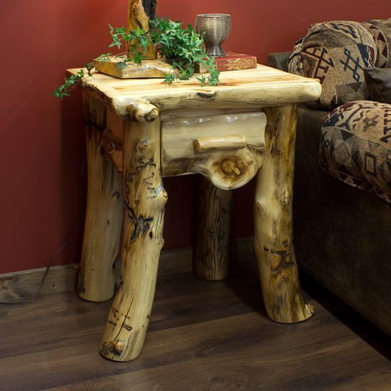 Aspen Lodge 1 Drawer Log Nightstand shown with a flat drawer front and extra character aspen
