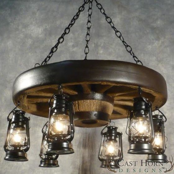 Small Faux Wagon Wheel Chandelier with Lanterns