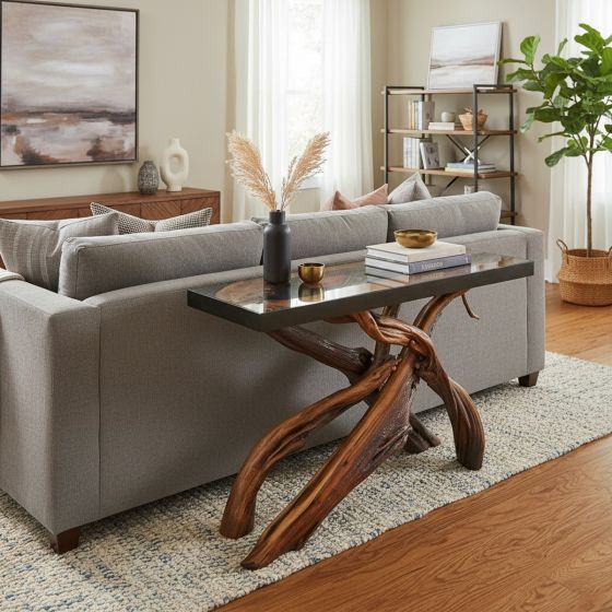 Modern Rustic Sofa Table: Some lifestyle images are created with AI for visualization purposes. Crafted from natural solid wood, each piece is unique and will vary.