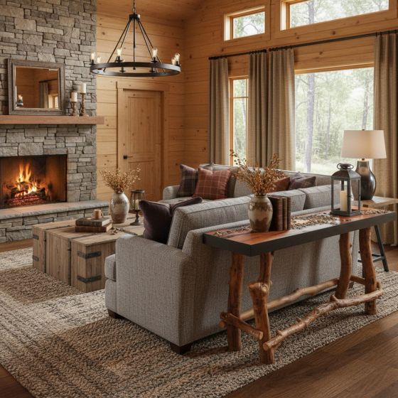 Rustic Sofa Table: Some lifestyle images are created with AI for visualization purposes. Crafted from natural solid wood, each piece is unique and will vary.