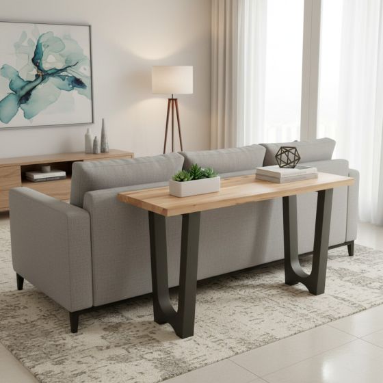 Modern Rustic Sofa Table: Some lifestyle images are created with AI for visualization purposes. Crafted from natural solid wood, each piece is unique and will vary.