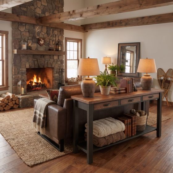 Rustic Sofa Table: Some lifestyle images are created with AI for visualization purposes. Crafted from natural solid wood, each piece is unique and will vary.