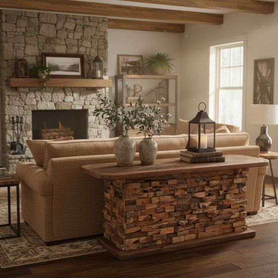 Rustic Sofa Table: Some lifestyle images are created with AI for visualization purposes. Crafted from natural solid wood, each piece is unique and will vary.