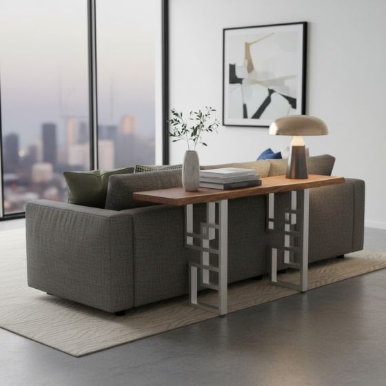 Contemporary Sofa Table: Some lifestyle images are created with AI for visualization purposes. Crafted from natural solid wood, each piece is unique and will vary.