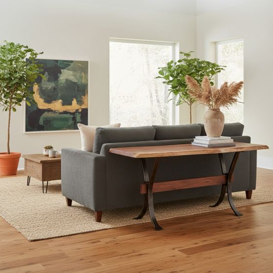 Walnut Sofa Table: Some lifestyle images are created with AI for visualization purposes. Crafted from natural solid wood, each piece is unique and will vary.