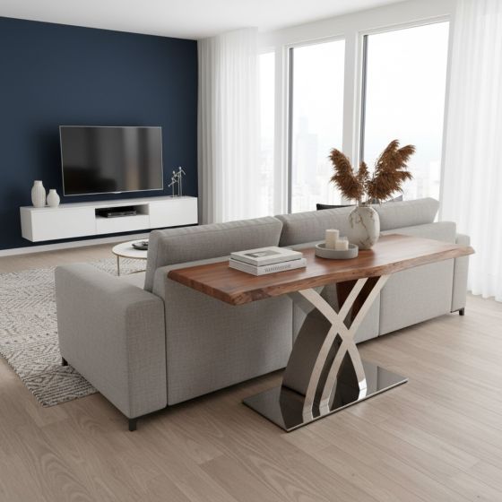 Modern Sofa Table: Some lifestyle images are created with AI for visualization purposes. Crafted from natural solid wood, each piece is unique and will vary.