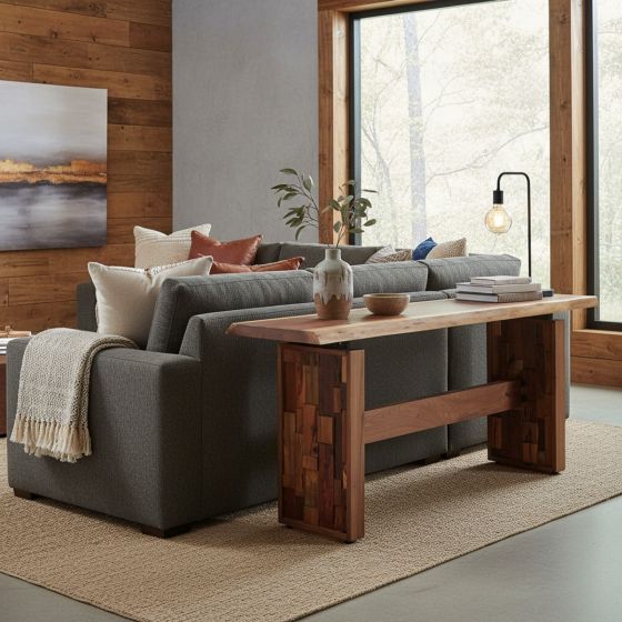 Rustic Modern Sofa Table: Some lifestyle images are created with AI for visualization purposes. Crafted from natural solid wood, each piece is unique and will vary.