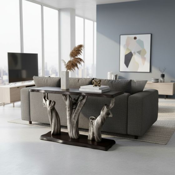 Rustic Modern Sofa Table: Some lifestyle images are created with AI for visualization purposes. Crafted from natural solid wood, each piece is unique and will vary.