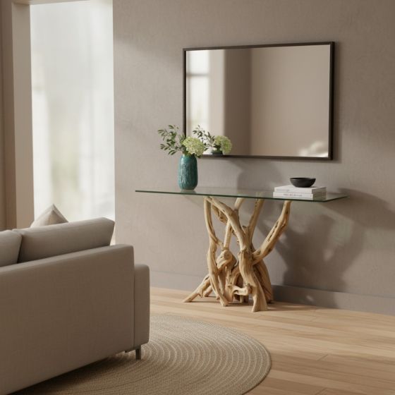 Driftwood Sofa Table: Some lifestyle images are created with AI for visualization purposes. Crafted from natural solid wood, each piece is unique and will vary.
