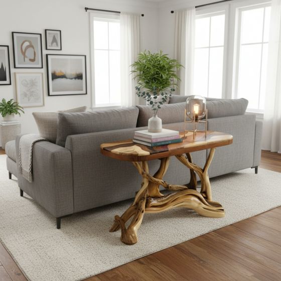 Rustic Sofa Table: Some lifestyle images are created with AI for visualization purposes. Crafted from natural solid wood, each piece is unique and will vary.