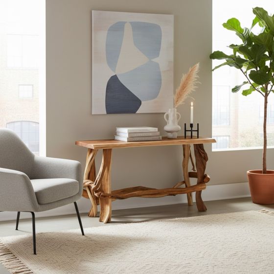 Juniper Sofa Table: Some lifestyle images are created with AI for visualization purposes. Crafted from natural solid wood, each piece is unique and will vary.