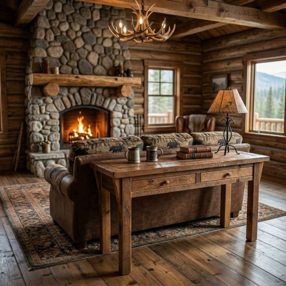 Rustic Barn Wood Sofa Table: Some lifestyle images are created with AI for visualization purposes. Crafted from natural solid wood, each piece is unique and will vary.