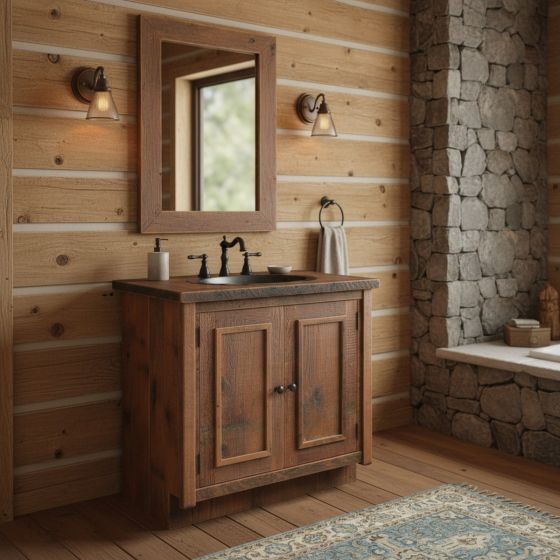Rustic Reclaimed Vanity: Some lifestyle images are created with AI for visualization purposes. Crafted from natural solid wood, each piece is unique and will vary.