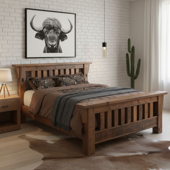 Warm Mountain Lodge Bedroom Featuring Solid Wood Bed: Some lifestyle images are created with AI for visualization purposes. Crafted from natural solid wood, each piece is unique and will vary.