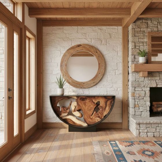 Natural Wood Arc Console Table Statement Piece: Some lifestyle images are created with AI for visualization purposes. Crafted from natural solid wood, each piece is unique and will vary.