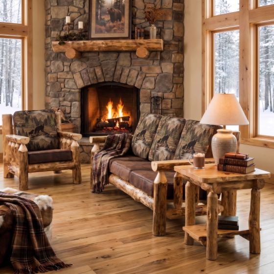 Rustic Log End Table: Some lifestyle images are created with AI for visualization purposes. Crafted from natural solid wood, each piece is unique and will vary.