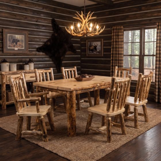 Rustic Aspen Dining Table: Some lifestyle images are created with AI for visualization purposes. Crafted from natural solid wood, each piece is unique and will vary.