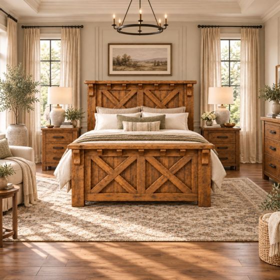 Country Style Bed: Some lifestyle images are created with AI for visualization purposes. Crafted from natural solid wood, each piece is unique and will vary.