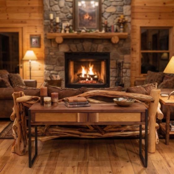 Rustic Sofa Table: Some lifestyle images are created with AI for visualization purposes. Crafted from natural solid wood, each piece is unique and will vary.