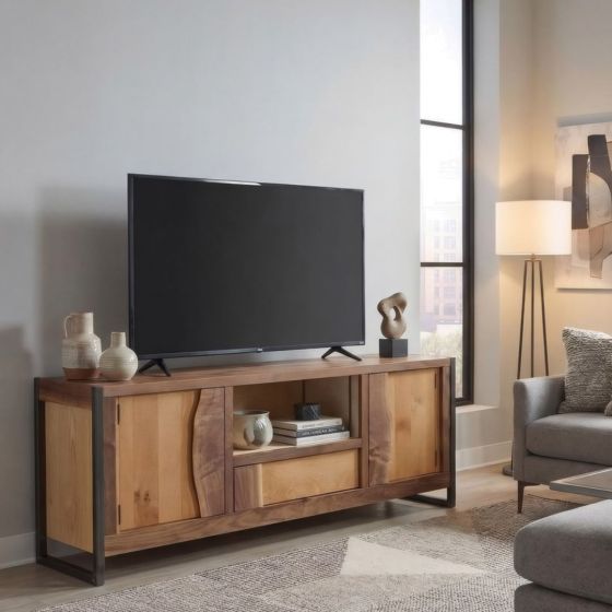 Walnut TV Stand: Some lifestyle images are created with AI for visualization purposes. Crafted from natural solid wood, each piece is unique and will vary.