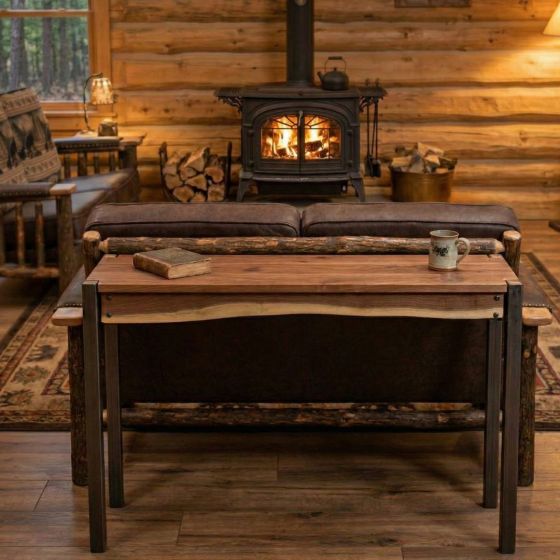 Rustic Sofa Table: Some lifestyle images are created with AI for visualization purposes. Crafted from natural solid wood, each piece is unique and will vary.