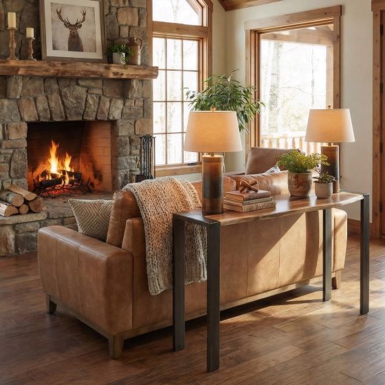 Live Edge Sofa Table: Some lifestyle images are created with AI for visualization purposes. Crafted from natural solid wood, each piece is unique and will vary.