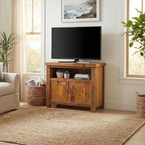 Barnwood TV Stand: Some lifestyle images are created with AI for visualization purposes. Crafted from natural solid wood, each piece is unique and will vary.