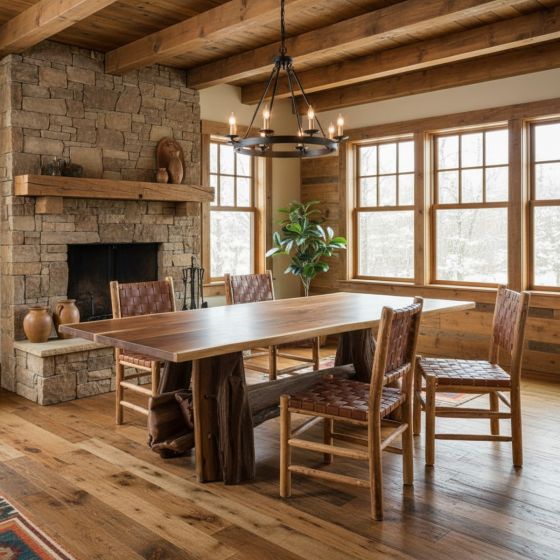 Modern Rustic Dining Table: Some lifestyle images are created with AI for visualization purposes. Crafted from natural solid wood, each piece is unique and will vary.