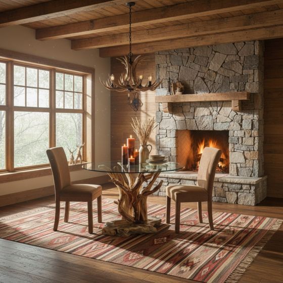 Rustic Lodge Dining Room: Some lifestyle images are created with AI for visualization purposes. Crafted from natural solid wood, each piece is unique and will vary.
