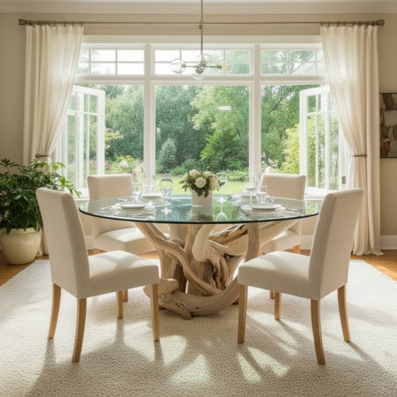 Glass Topped Dining Table: Some lifestyle images are created with AI for visualization purposes. Crafted from natural solid wood, each piece is unique and will vary.