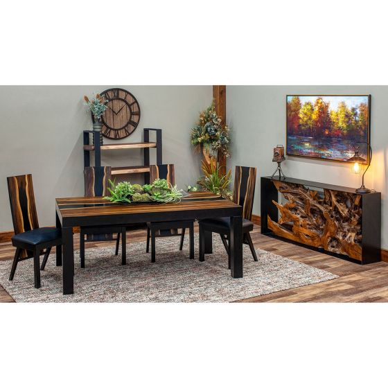 Urban Rustic Wildwood River Dining Table with Ebony River shown with Urban Rustic Wildwood Upholstered Dining Chairs