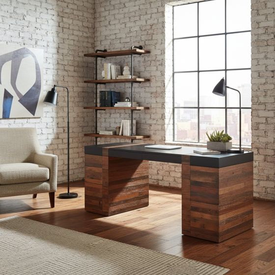Modern Reclaimed Wood Writing Desk: Some lifestyle images are created with AI for visualization purposes. Crafted from natural solid wood, each piece is unique and will vary.