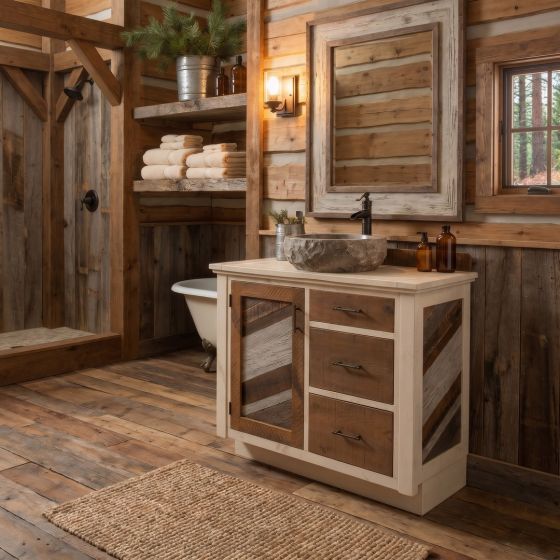 Rustic Barnwood Vanity: Some lifestyle images are created with AI for visualization purposes. Crafted from natural solid wood, each piece is unique and will vary.