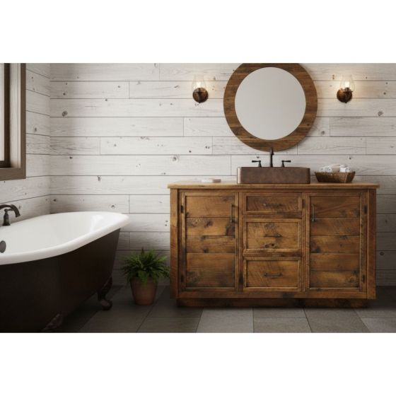 Rustic Vanity: Some lifestyle images are created with AI for visualization purposes. Crafted from natural solid wood, each piece is unique and will vary.
