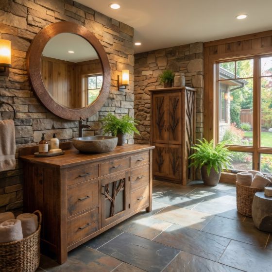 Rustic Vanity: Some lifestyle images are created with AI for visualization purposes. Crafted from natural solid wood, each piece is unique and will vary.