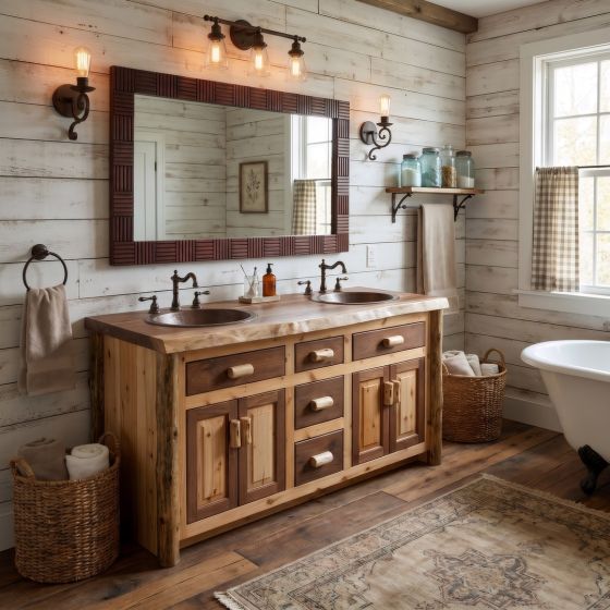 Rustic Log Vanity: Some lifestyle images are created with AI for visualization purposes. Crafted from natural solid wood, each piece is unique and will vary.