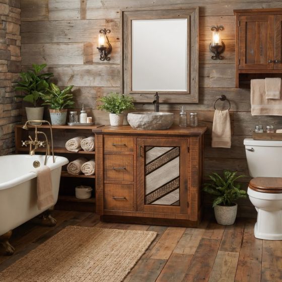 Rustic Vanity: Some lifestyle images are created with AI for visualization purposes. Crafted from natural solid wood, each piece is unique and will vary.