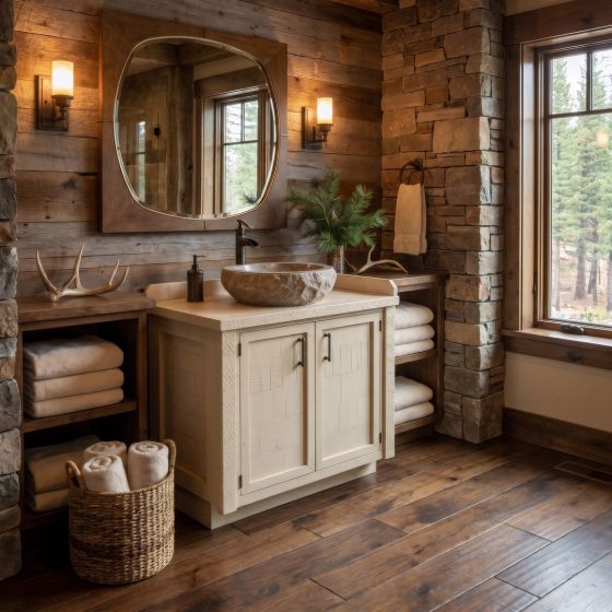Barnwood Vanity: Some lifestyle images are created with AI for visualization purposes. Crafted from natural solid wood, each piece is unique and will vary.