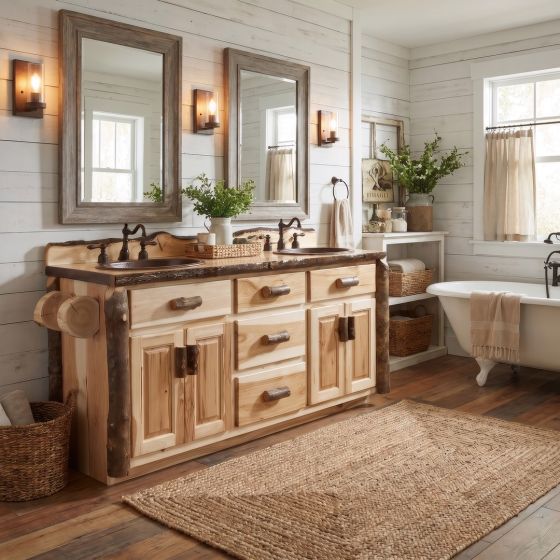 Rustic Hickory Log Vanity: Some lifestyle images are created with AI for visualization purposes. Crafted from natural solid wood, each piece is unique and will vary.