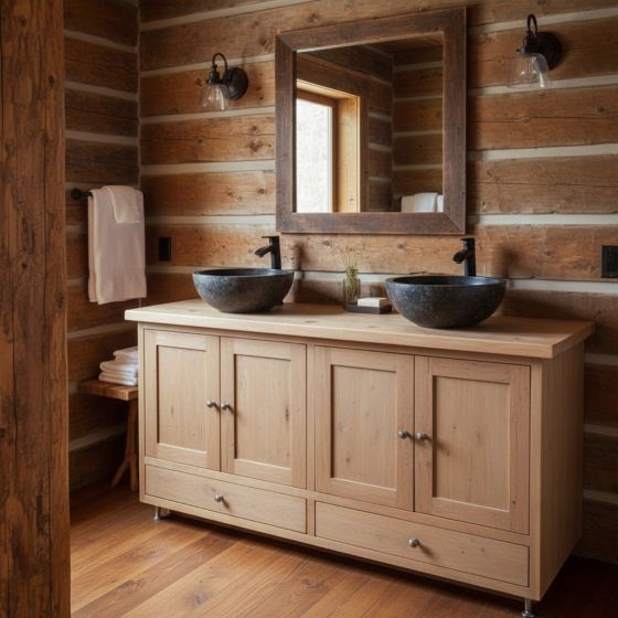 Woodland Maple Vanity with Double Vessel Sinks in Rustic Cabin Bathroom: Some lifestyle images are created with AI for visualization purposes. Crafted from natural solid wood, each piece is unique and will vary.
