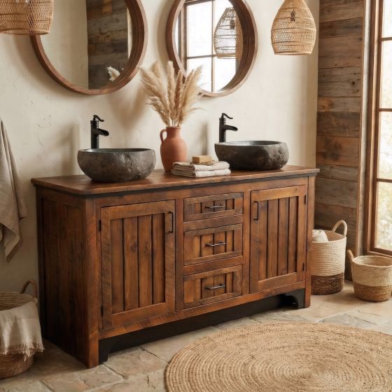 Rustic Vanity: Some lifestyle images are created with AI for visualization purposes. Crafted from natural solid wood, each piece is unique and will vary.