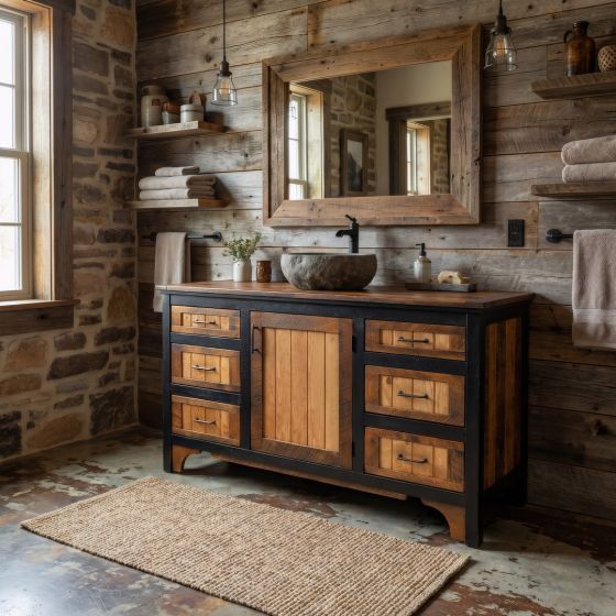 Rustic Bathroom Vanity: Some lifestyle images are created with AI for visualization purposes. Crafted from natural solid wood, each piece is unique and will vary.