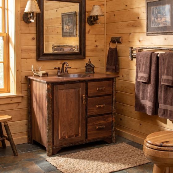 Rustic Wood Vanity: Some lifestyle images are created with AI for visualization purposes. Crafted from natural solid wood, each piece is unique and will vary.