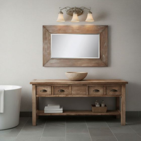 Rustic Vanity: Some lifestyle images are created with AI for visualization purposes. Crafted from natural solid wood, each piece is unique and will vary.
