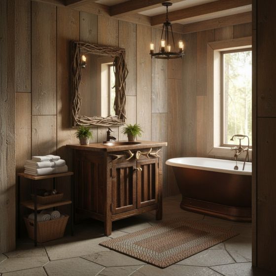 Rustic Wood Vanity: Some lifestyle images are created with AI for visualization purposes. Crafted from natural solid wood, each piece is unique and will vary.