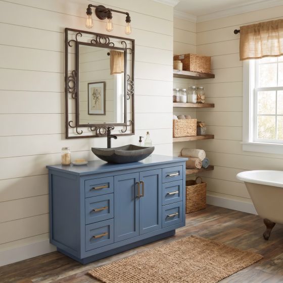 Modern Blue Vanity: Some lifestyle images are created with AI for visualization purposes. Crafted from natural solid wood, each piece is unique and will vary.