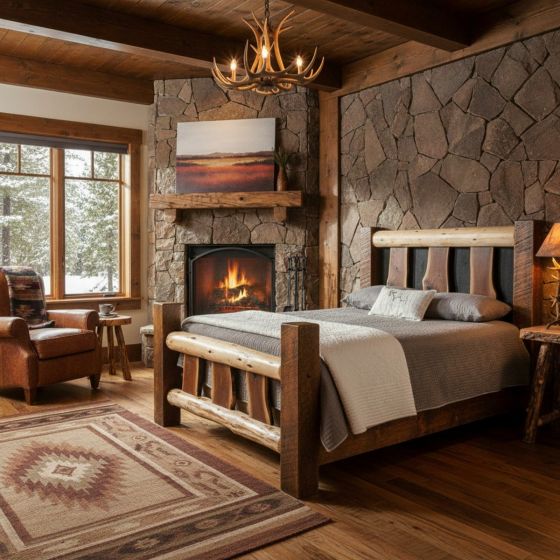Rustic Cedar Bed: Some lifestyle images are created with AI for visualization purposes. Crafted from natural solid wood, each piece is unique and will vary.