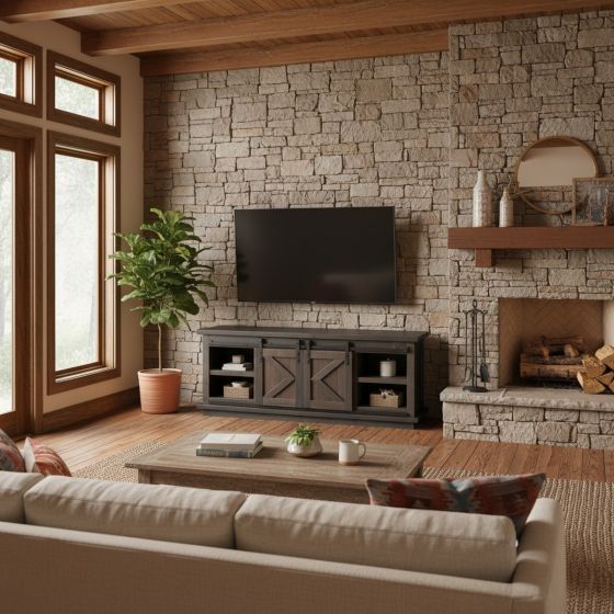 Cozy Lodge Living Room Furniture: Some lifestyle images are created with AI for visualization purposes. Crafted from natural solid wood, each piece is unique and will vary.