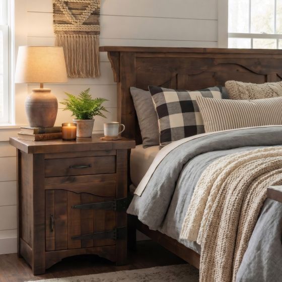 Rustic Nightstand: Some lifestyle images are created with AI for visualization purposes. Crafted from natural solid wood, each piece is unique and will vary.
